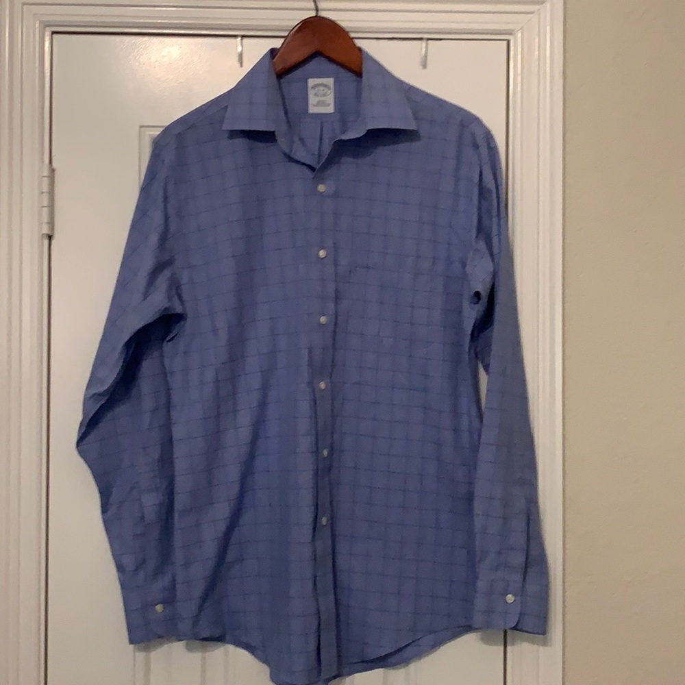 Brooks Brothers Men's Blue Plaid Non-Iron Slim Fit Dress Shirt 15 34